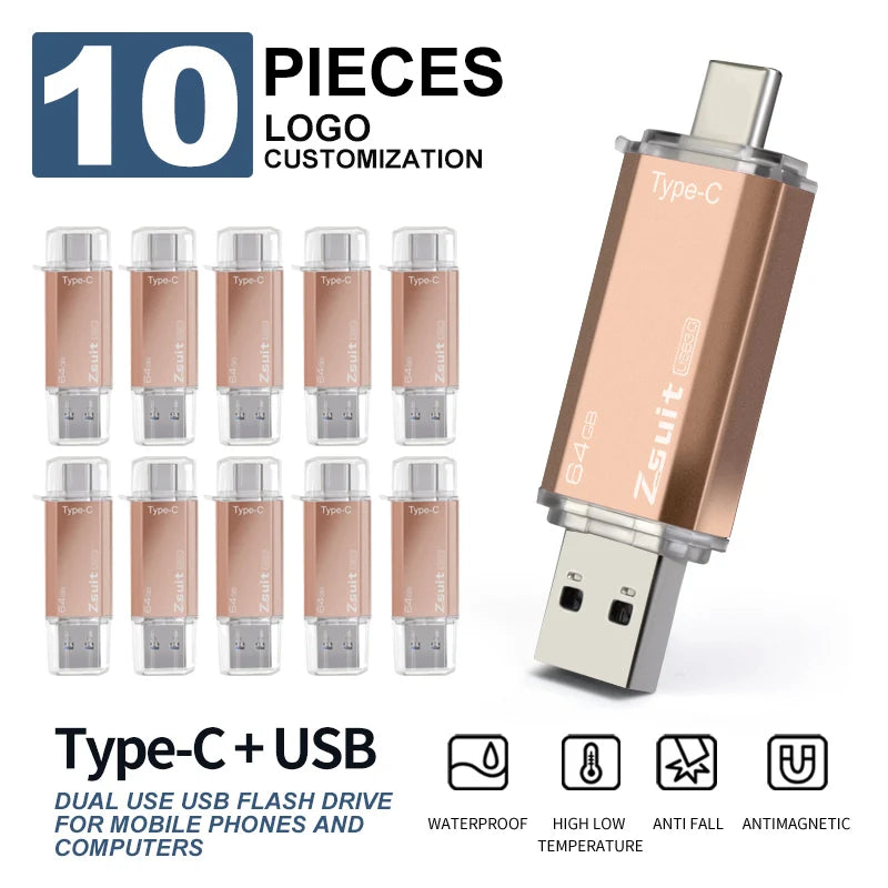10Pcs/Lot Type-c Flash Drive 16GB 32GB Metal OTG 2 IN 1 Pen Drive 3.0/2.0 Memory Stick USB Free Logo cle Usb Waterproof U Disk