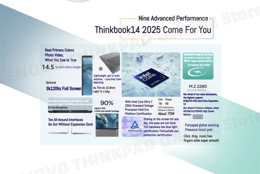 【2025 New】Lenovo ThinkBook 14+ Laptop U5-225H/U7-255H/U9-285H Arc 130T/140T 14.5inch 3K 120Hz Matte Screen