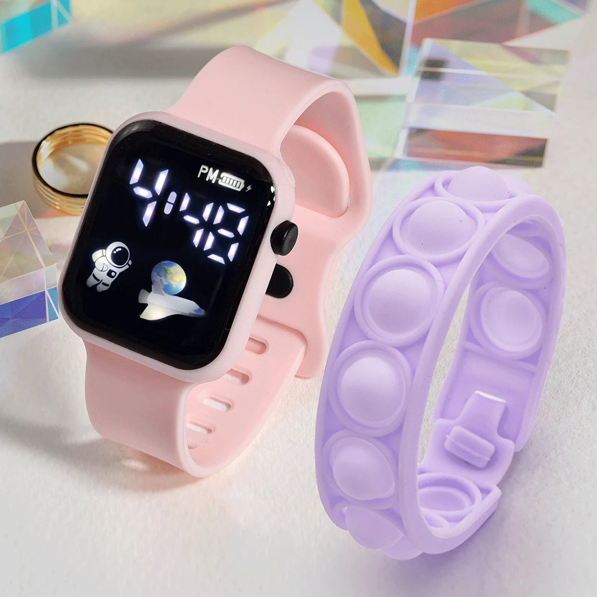2PCS Children's Smart Watch Bracelet Simple and Fashionable Student Outdoor Sports Electronic Watch Gift for Boys and Girls