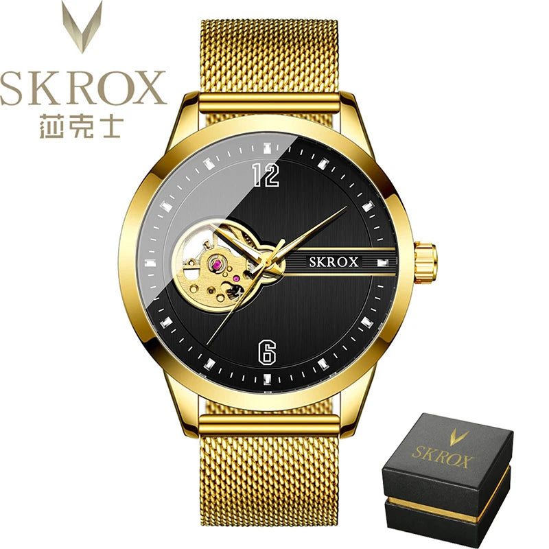 SKROX Elegant Luminous Waterproof Automatic Clockwork Tourbillon Skeleton Mechanical Men's Watch Mesh strap Luxury Wrist Watches