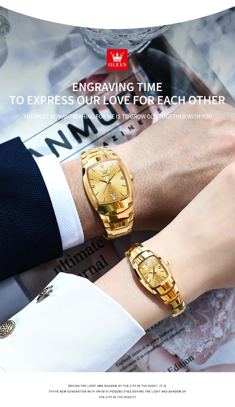 OLEVS 7006 Tonneau Tungsten Steel Couple Watch for Men Women Luxury Brand Quartz Lover's Watch His or Hers Waterproof Wristwatch