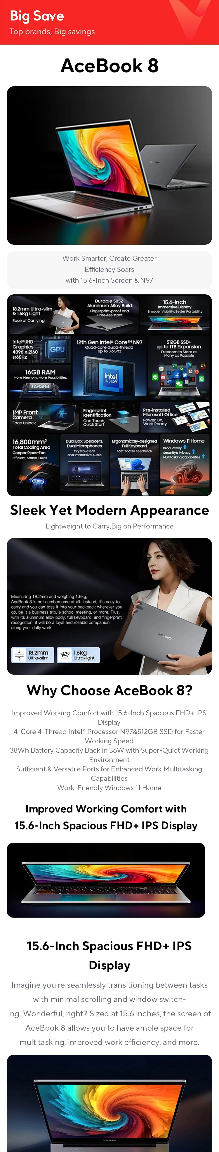 Blackview AceBook 8 Laptop 15.6" 12th Gen Intel Alder Lake N97 16GB RAM 512GB SSD + expansion up to 1TB Windows 11 Home 15.6"