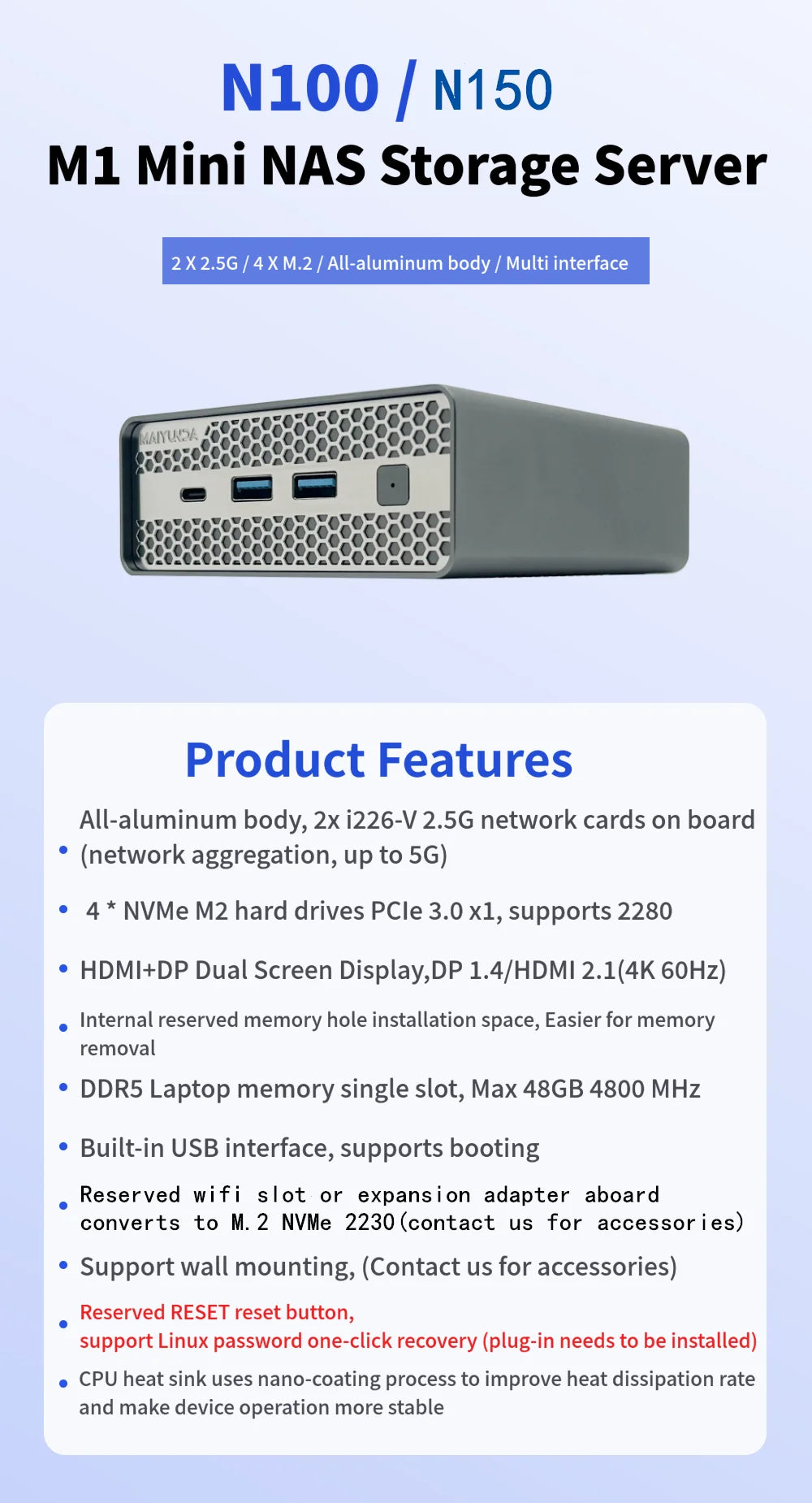 New M1S 4 bay Mini NAS Storage Server M.2 NVme PCIE 3.0X1 Box Host Soft Router Home Industrial Computer N100 N150 Mini PC