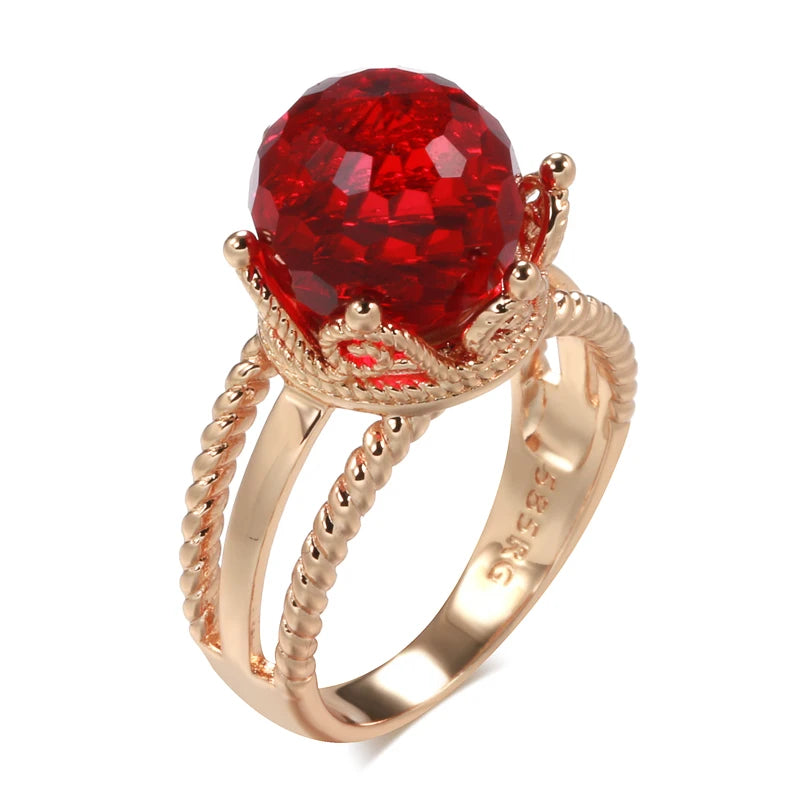New Unusual 585 Rose Gold Crown Ring for Women Cut Emeral Ball Natural Zircon Ring Elegant Party Wedding Fine Jewelry