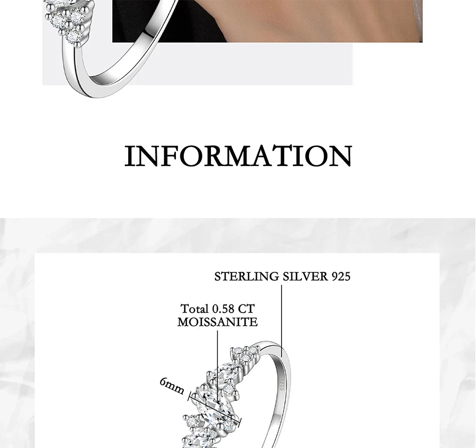 PERFANY 0.58CT Marquise Cut Moissanite Women's Ring S925 Pure Silver Laboratory Cultivated Diamond Fashion Design Jewelry