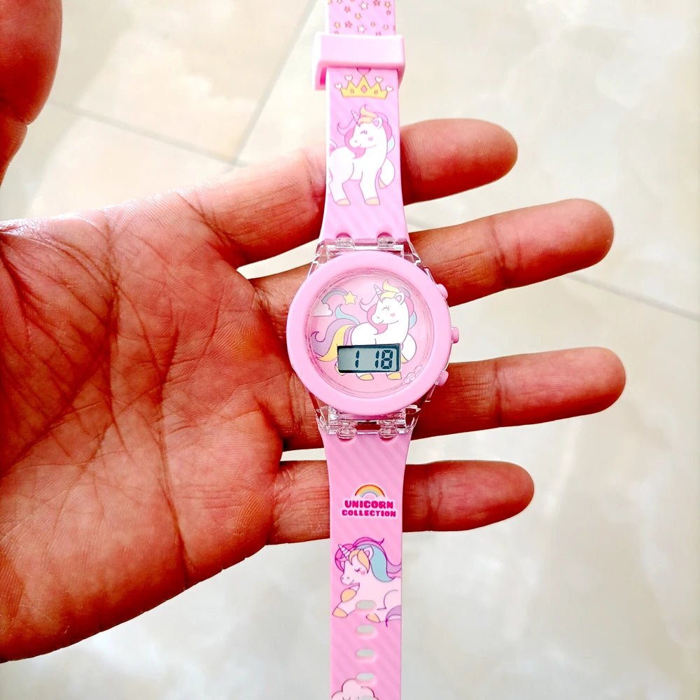 Cartoon Unicorn Collection Rainbow Printed Rubber Girls Kids Children Students Digital Flash Light Glow Up Party Gifts Watches