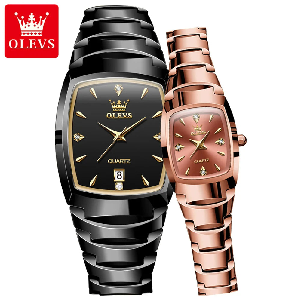 OLEVS 7006 Tonneau Tungsten Steel Couple Watch for Men Women Luxury Brand Quartz Lover's Watch His or Hers Waterproof Wristwatch