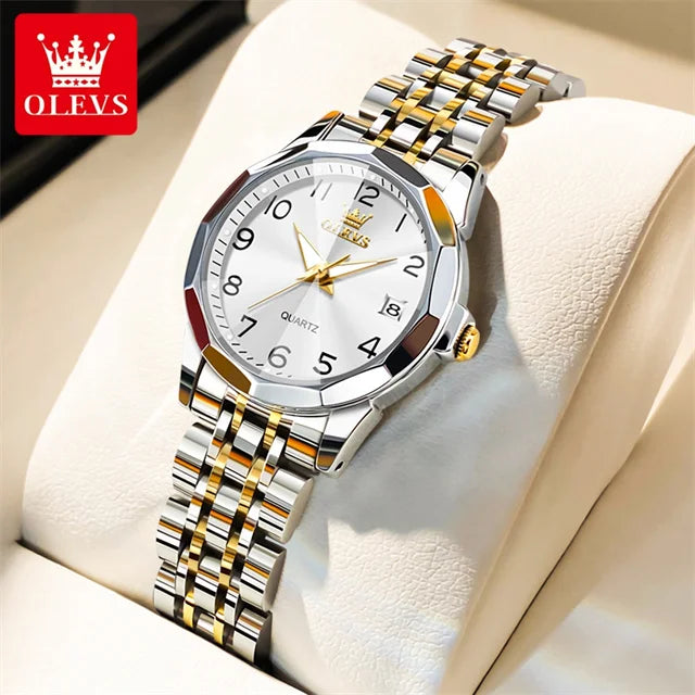 OLEVS 9970 Luxury Couple Watch Men Women Stainless Steel Waterproof Calendar Wristwatch Digital Dial Rhombus Mirror Lovers Watch