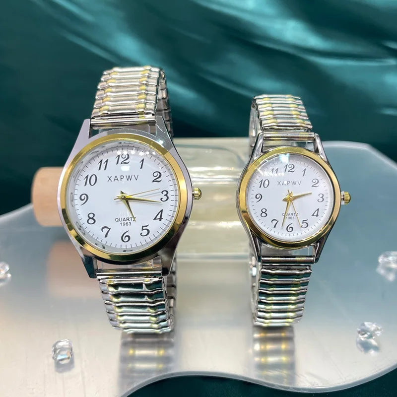 Man Women Couple Wrist Watches Stainless Steel Band Alloy Lovers Business Quartz Movement Wristwatch Elastic Strap Band Watch