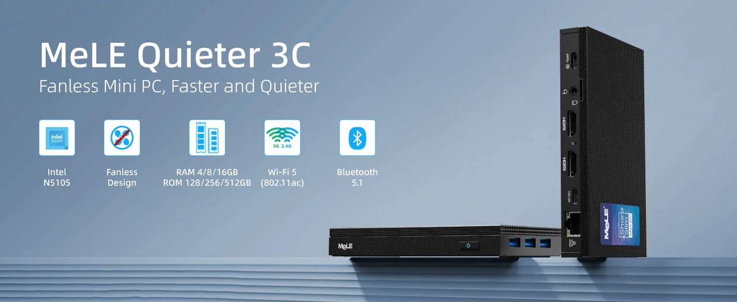 MeLE Quieter3C Fanless Mini PC, Celeron N5105, 8GB, 128GB, Full-Function USB-C, WiFi 5, Slim Desktop on Industrial, Home, Office