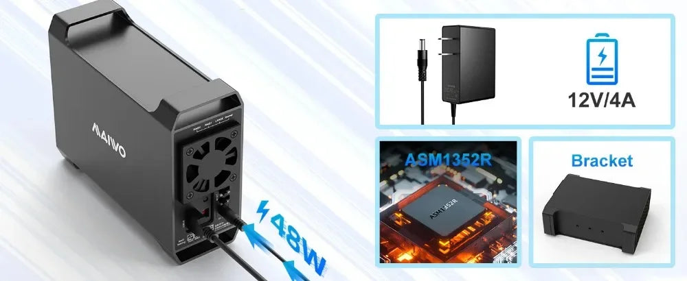 MAIWO 3.5" Dual Bay SATA HDD Hard Drive Enclosure with Cooling Fan for 4 Raid Modes USB 3.0 5Gbps 48TB Capacity Aluminum Alloy
