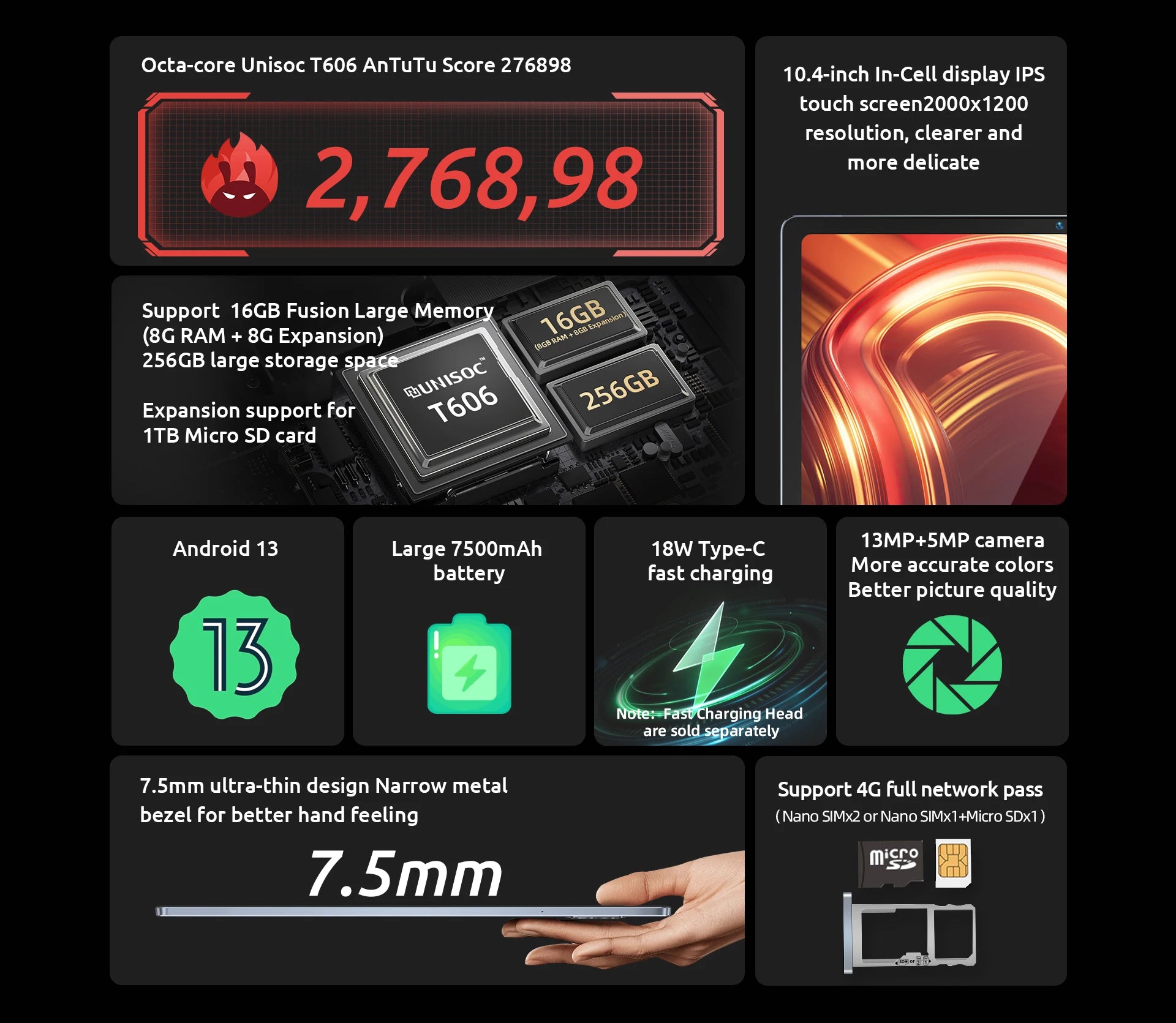 BMAX MaxPad I11 Plus 16GB RAM 256GB ROM 10.4 Inch Octa Core T606 Soc Android 13 Dual Wifi 4G Lte Phone Tablet Camera Bluetooth