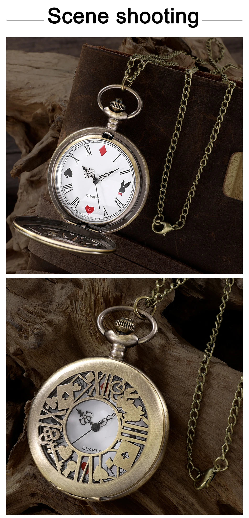 New Bronze Quartz Pocket Watch Retro Alice Theme Pocket Fob Watch Pendant Necklace Pocket Watch Men Womens Gift