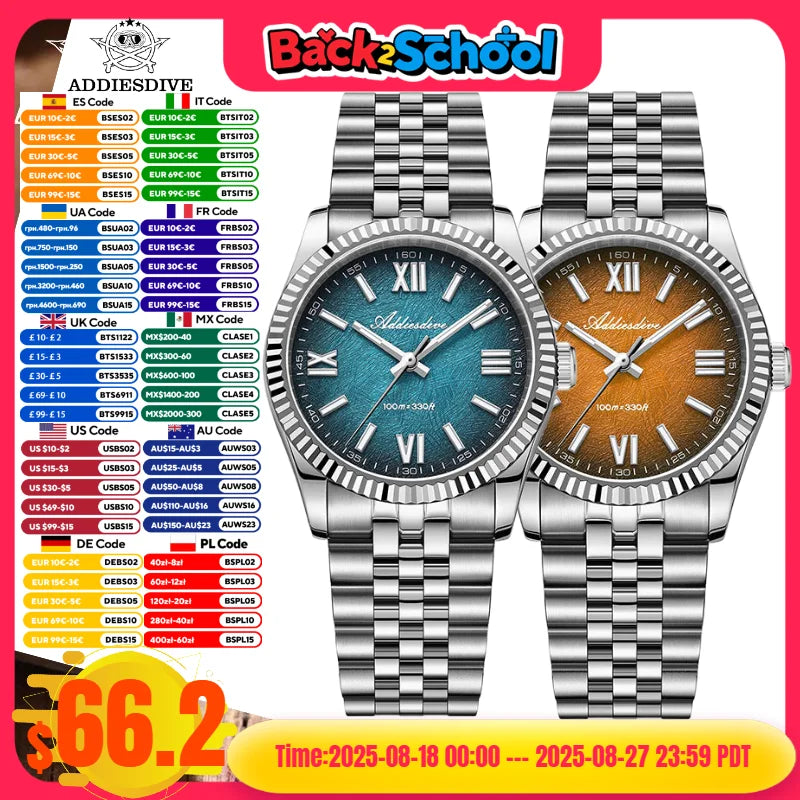 ADDIESDIVE 36mm Watch For Men BGW9 Luminous Jubilee Strap 100m Waterproof Sapphire Glass VH31 Movement Quartz Watch Reloj Hombre