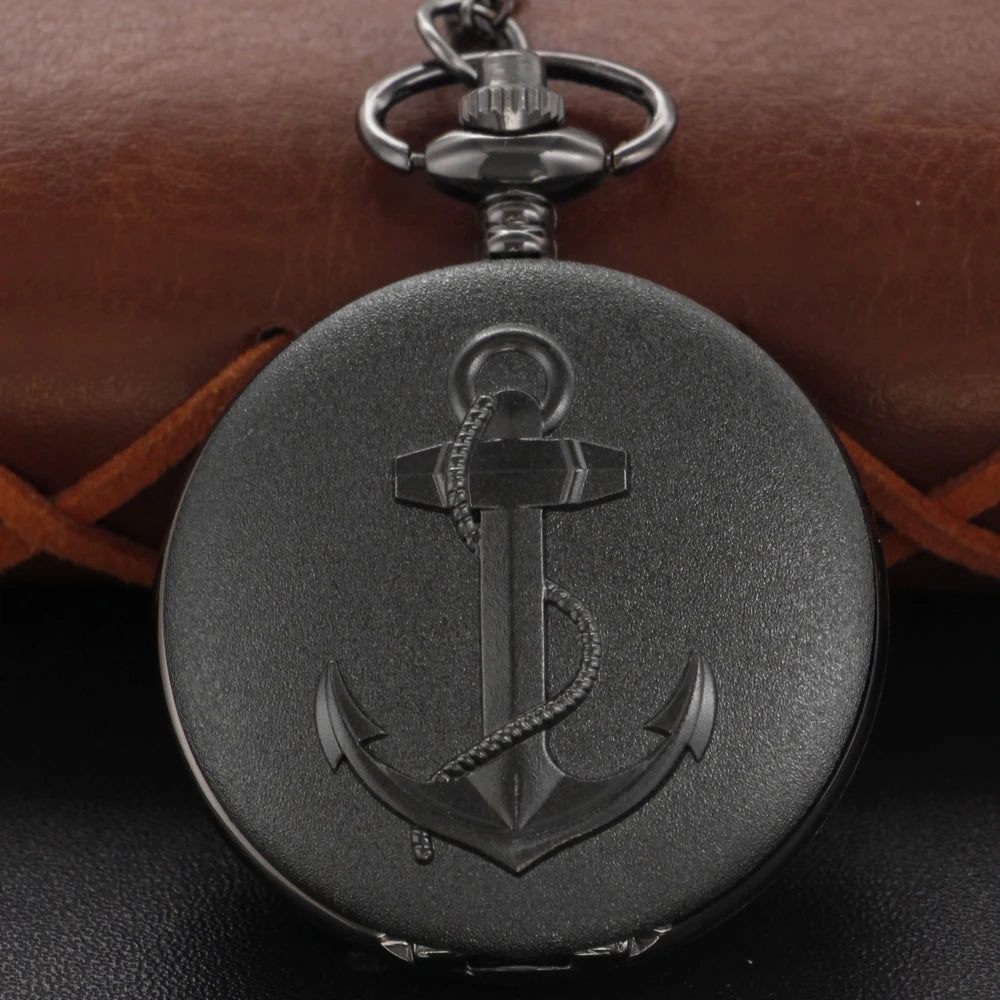 Exquisite Ship Anchor Rudder Pattern Roman Numerals Quartz Pocket Watch Men's Black Fob Chain Accessory Clock Necklace Gift