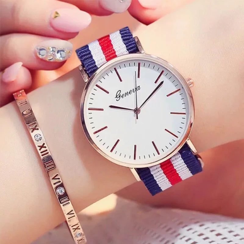 Fashion Women's Watch Top Brand Stripe Nylon Band Analog Quartz Wristwatch for Woman Simple Luxury Ladies Clock Gift Reloj Mujer