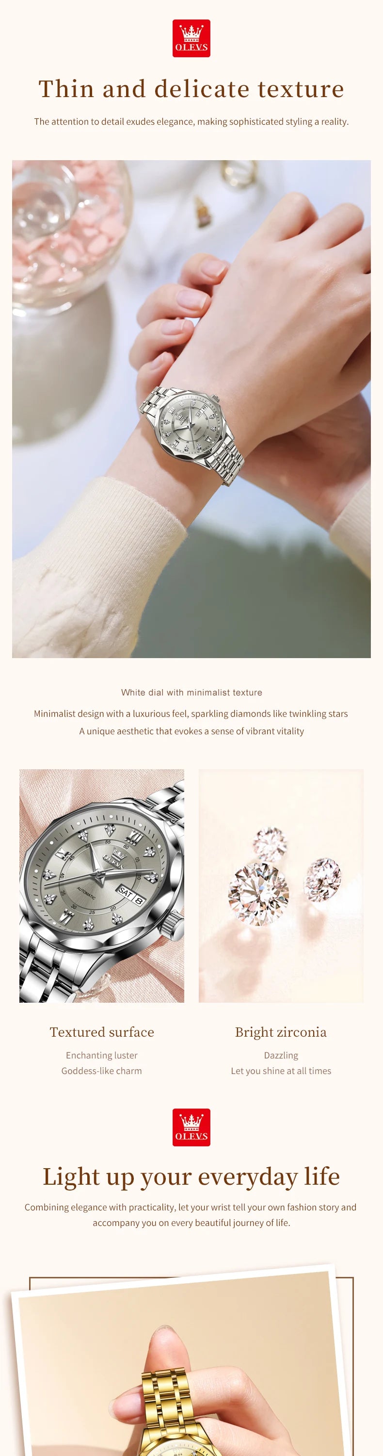 OLEVS 6727 Women's Watches Elegant Fashion Original Automatic Mechanical Watch for Lady Grey Double Scale Dial Waterproof Date
