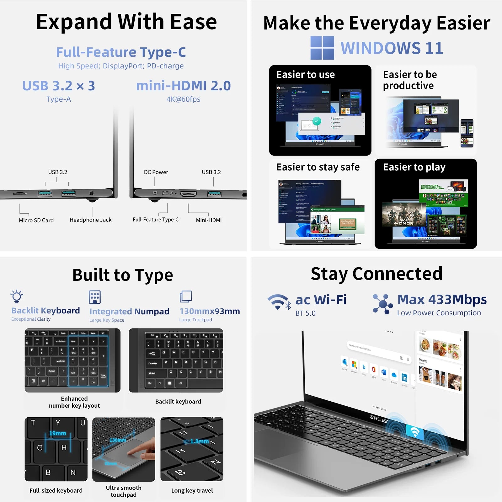 Teclast F17 Plus Laptop 17.3 inch Intel N95 Computer 16GB RAM 512GB SSD Windows 11 Pro 180° Flip Laptops mini-HDMI USB3.2 Type-C