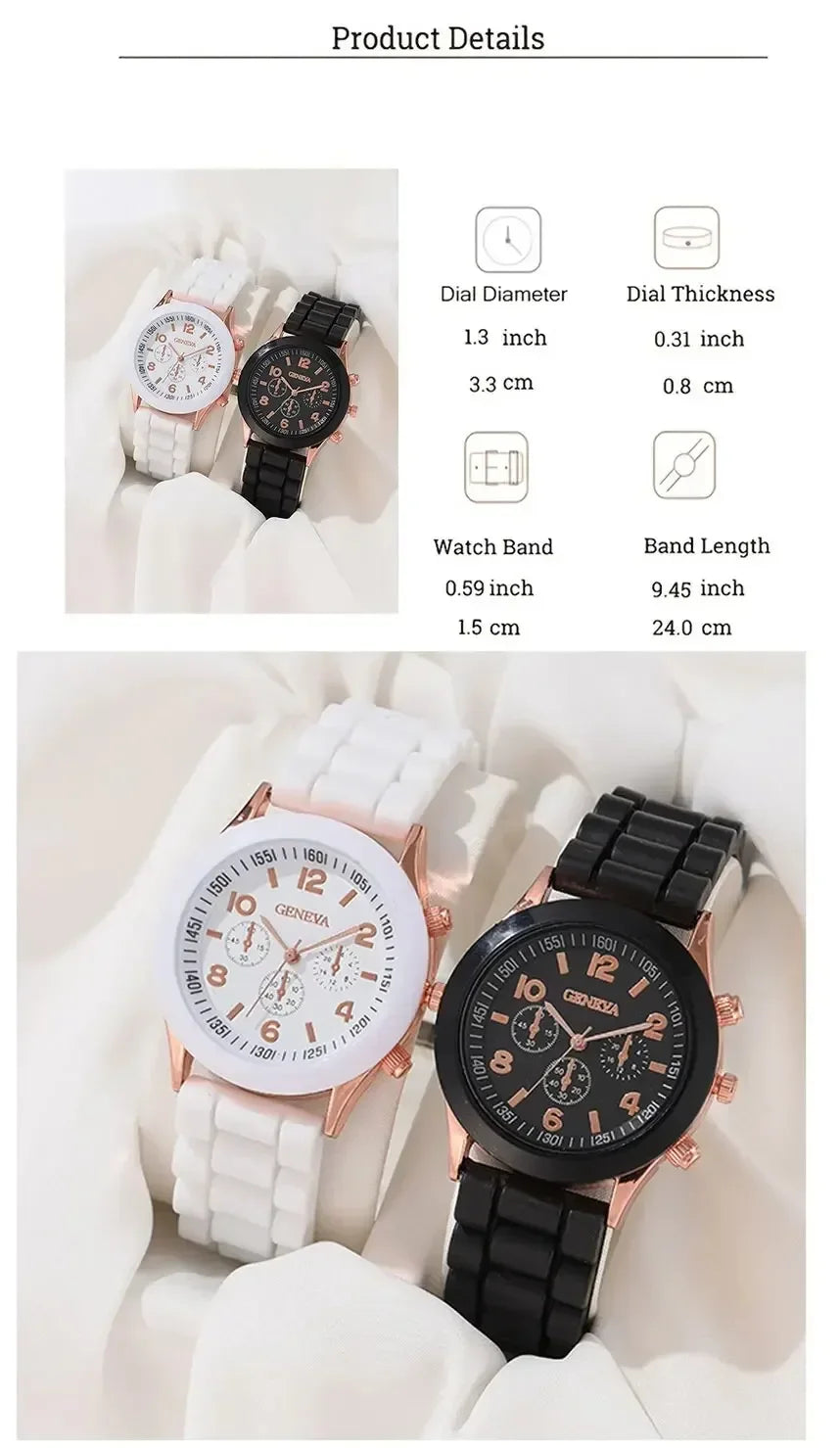 2Pcs Luxury Women's Watch Set Fashion Luxury Elegant Alloy Wristwatch Silicone Strap Couple Watch Men Quartz Holiday Gifts