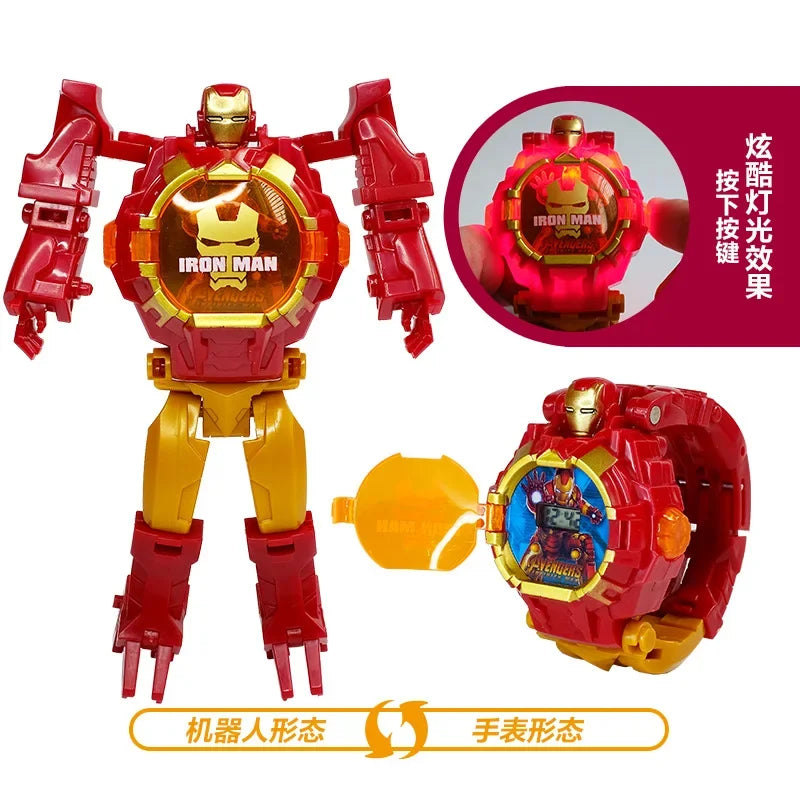 Marvel Iron Man Spiderman Cartoons Children's Watch Deformation Robot 3d LED Luminous Watch Children's Model Toy Watch