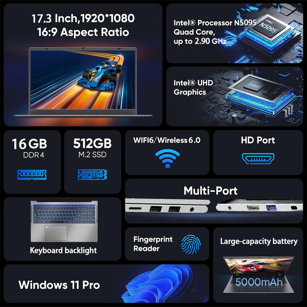 ACEKAMAS 17.3 inch Gaming Laptop PC Windows 11 Pro Intel N5095 Office Computer 16GB DDR4 1TB SSD Fingerprint Notebook Gamer PC