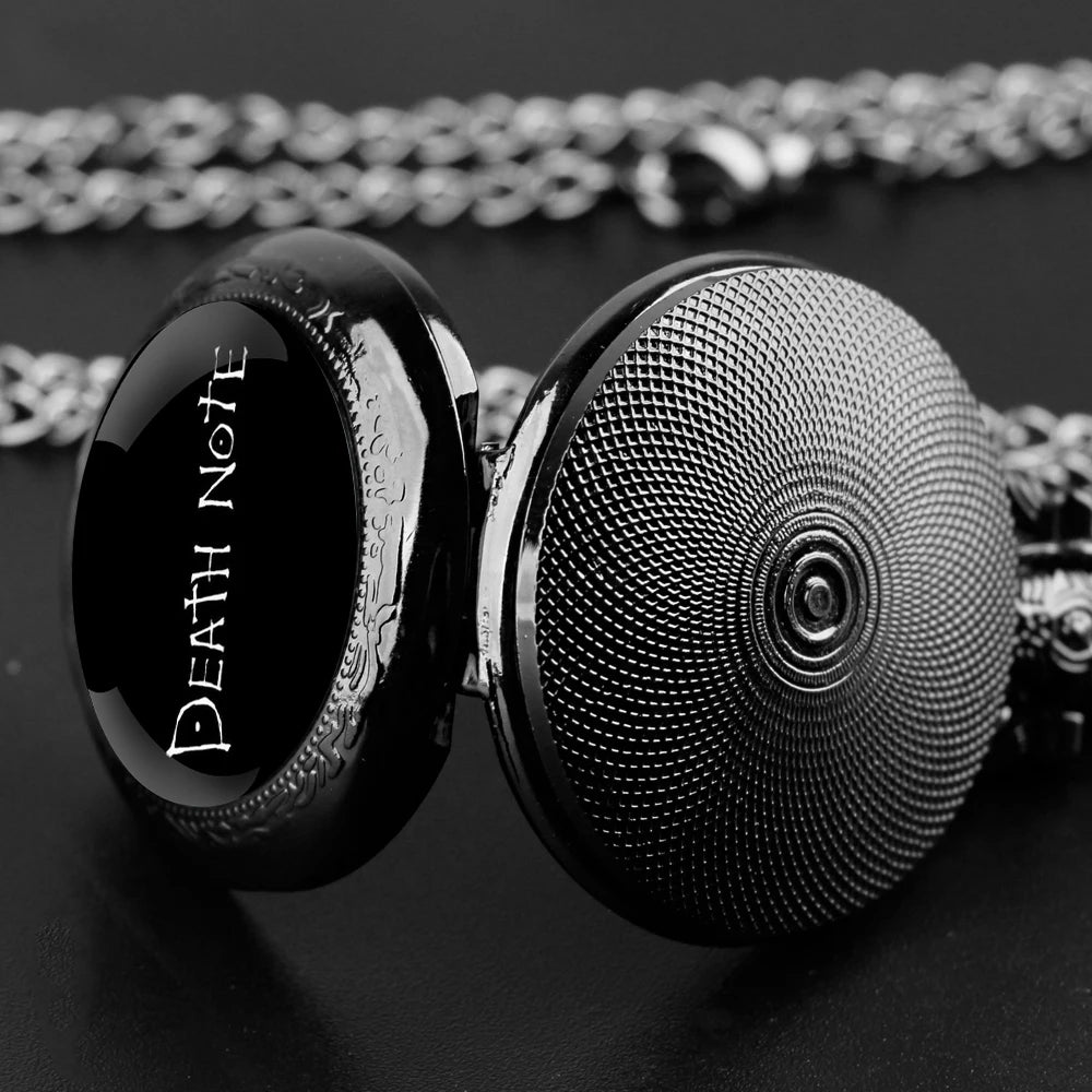 Death Note Design Black Quartz Pocket Watch Gift Set with Durable Chain and Arabic Numeral Face Timeless Present for Boy