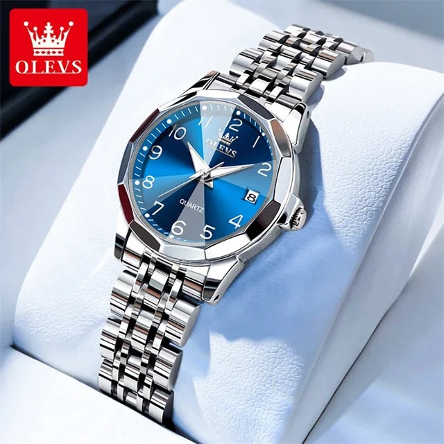 OLEVS 9970 Luxury Couple Watch Men Women Stainless Steel Waterproof Calendar Wristwatch Digital Dial Rhombus Mirror Lovers Watch