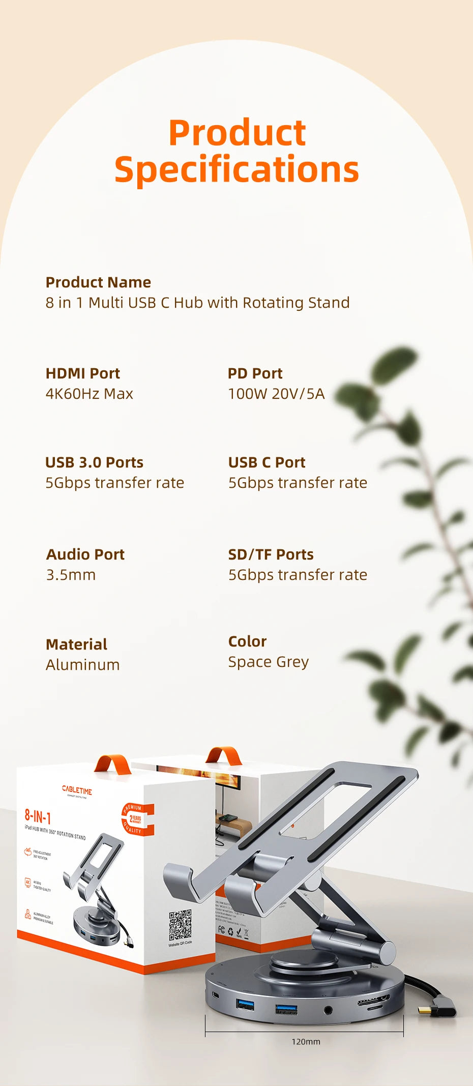 CABLETIME 8 in 1 Multi USB C Hub with 360 Rotating Stand HDMI 4K 60Hz PD 100W USB 5Gbps SD TF Aux 3.5mm for iPad Pro Tablet C441
