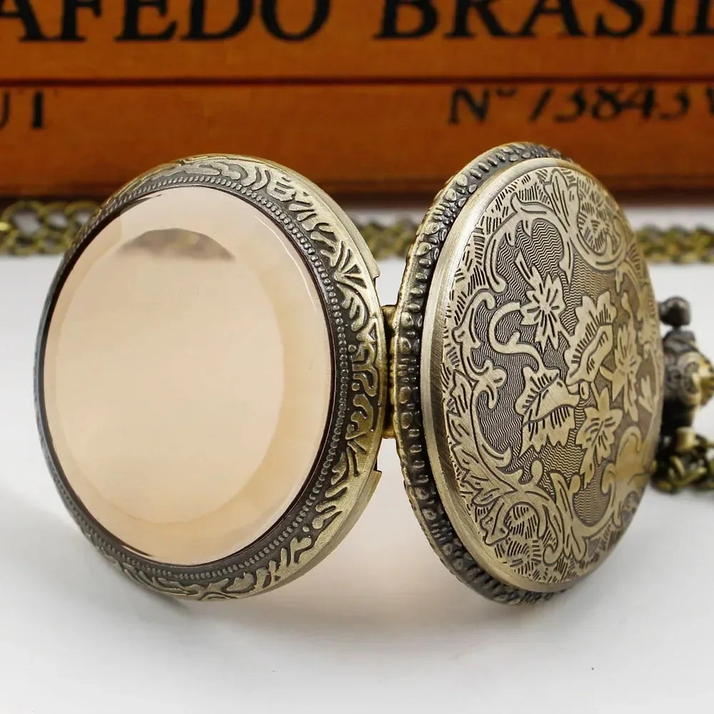 Vintage Amber Color Dial Bronze Pocket Watch Quartz Chain Pendant Clock Necklace Watches for Men Women Unique Exquisite Gifts