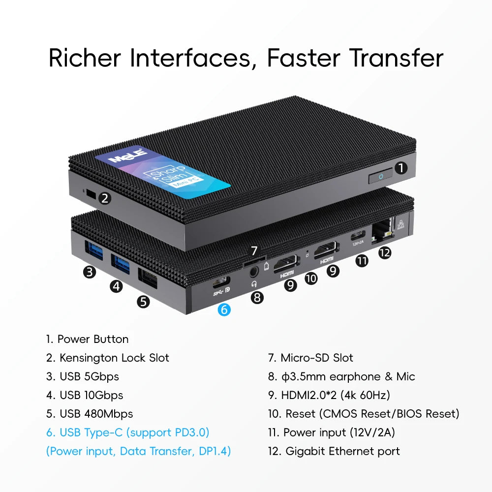 MeLE Fanless Mini PC Quieter4C N150 32GB 512GB Micro PC USB-C 2 X HDMI 4K@60 Triple Display Small Form Factor Desktop Computers