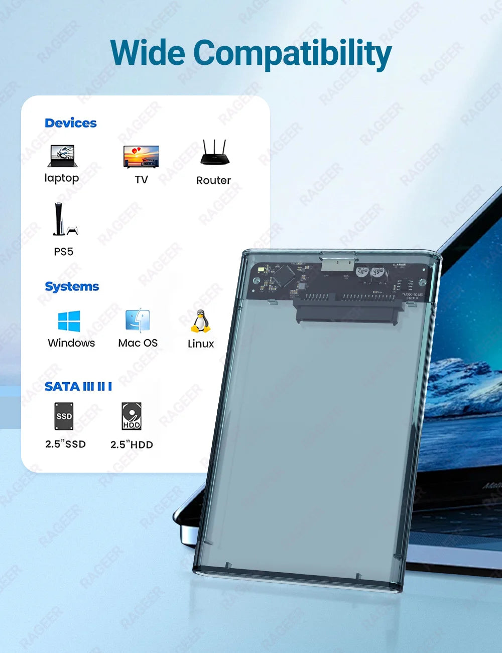 RAGEER Tool-Free Transparent Gray 2.5'' External Hard Drive Enclosure USB to SATA III 5Gbps HDD Case for 7mm/9.5mm Drives w/UASP