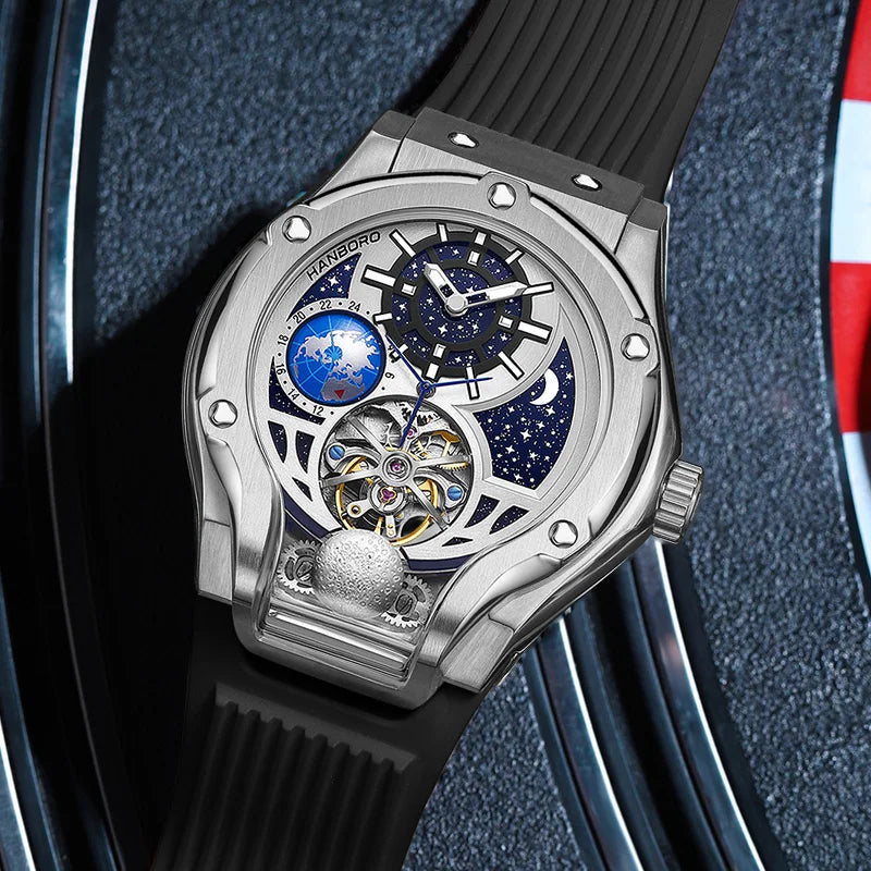 HANBORO fully automatic mechanical men's watch hollowed out wristwatch trend waterproof luminous watch