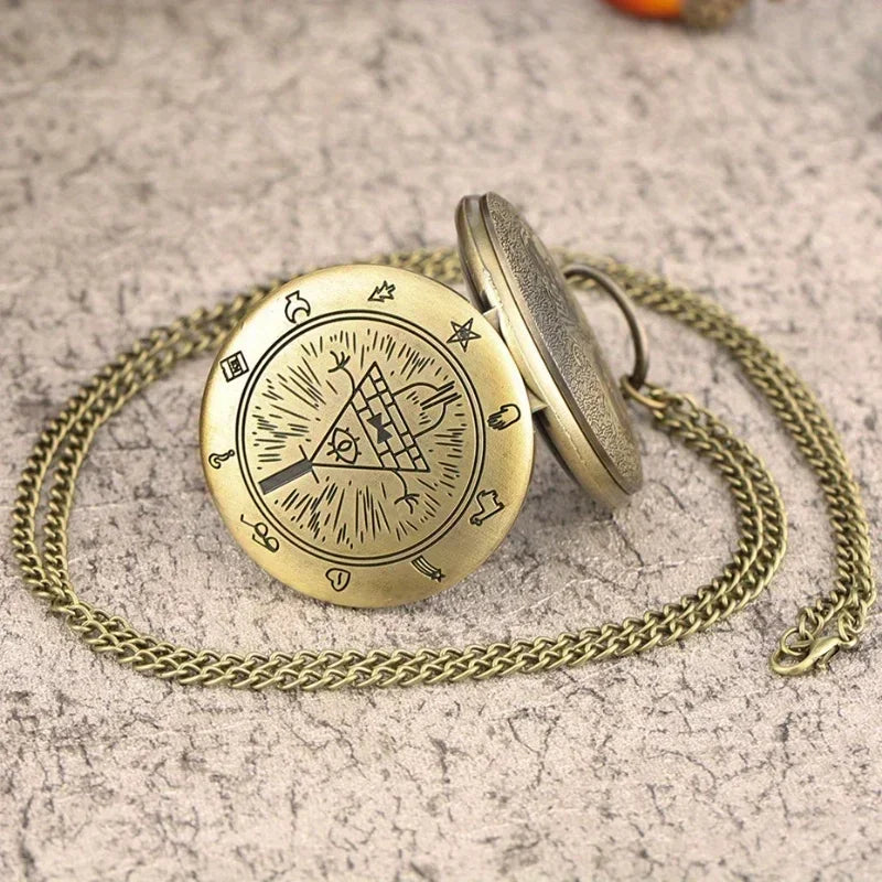 Vintage Bronze Bill Cipher Quartz Pocket Watch Pendant Necklace - Perfect Gift for Women!