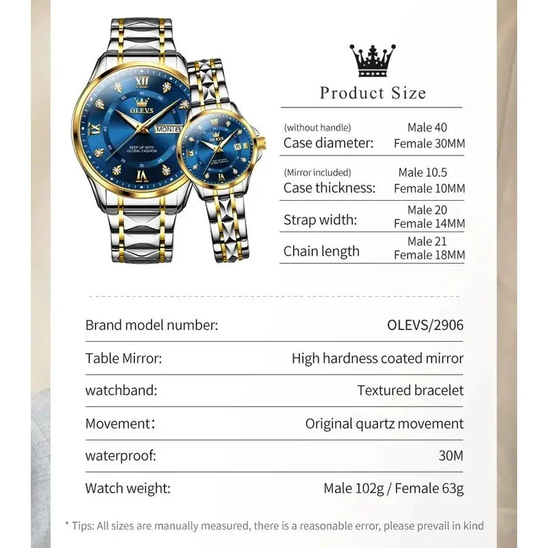 OLEVS 2906 Fashion Date Quartz Couple Watches Top Luxury Watch Men Women Waterproof Stainless Steel Wristwatch