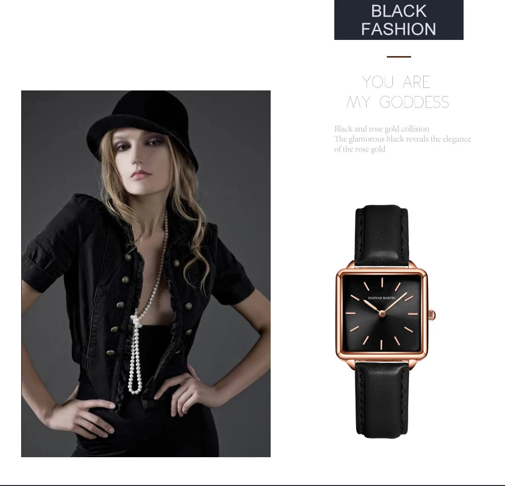 HANNAH MARTIN Brand Women Watch Original Japanese Movement Top Clock Fashion Square Simple Leather Waterproof Quartz Women Watch