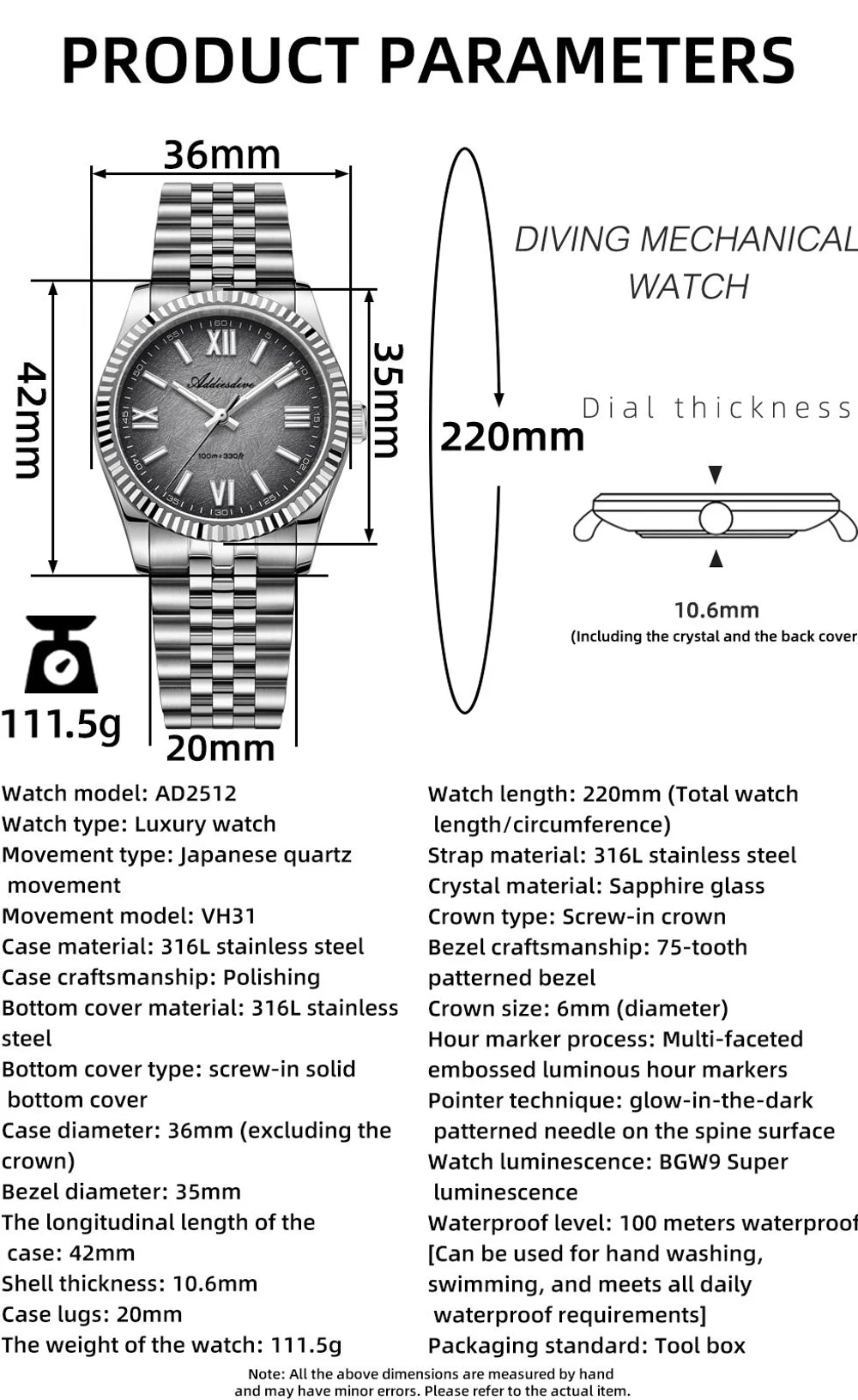 ADDIESDIVE 36mm Watch For Men BGW9 Luminous Jubilee Strap 100m Waterproof Sapphire Glass VH31 Movement Quartz Watch Reloj Hombre