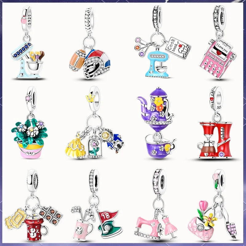 New 925 sterling silver pink green blue flower teapot and teacup bead pendant suitable for original charm bracelet