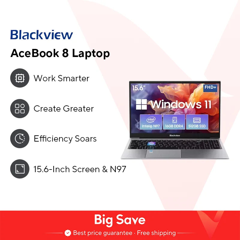 Blackview AceBook 8 Laptop 15.6" 12th Gen Intel Alder Lake N97 16GB RAM 512GB SSD + expansion up to 1TB Windows 11 Home 15.6"