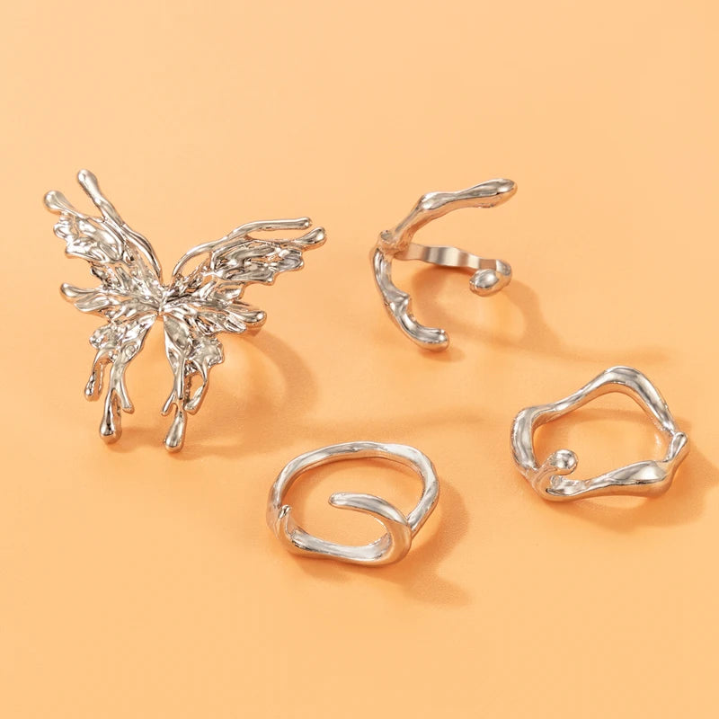 Tocona INS Big Butterfly Joint Ring Sets for Women Silver Color Geometry Alloy Metal Opening Ring Party Jewelry Anillo 22381