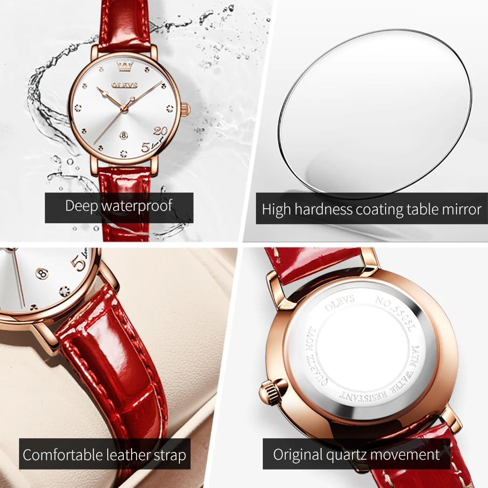 OLEVS 5505 Auto Date Quartz Watch For Women Luxury Elegant Waterproof Wristwatch Original Fashion Leather Woman Dress Watches
