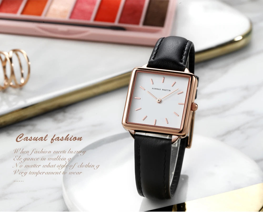 HANNAH MARTIN Brand Women Watch Original Japanese Movement Top Clock Fashion Square Simple Leather Waterproof Quartz Women Watch