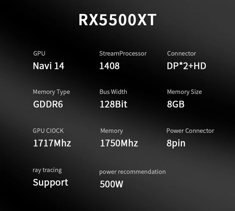 VEINEDA Video card RX5500XT 8G D6 Gaming Graphics Card with 8G/128bit/GDDR6 Memory  Frequency DirectX12 3D Feature 7nm