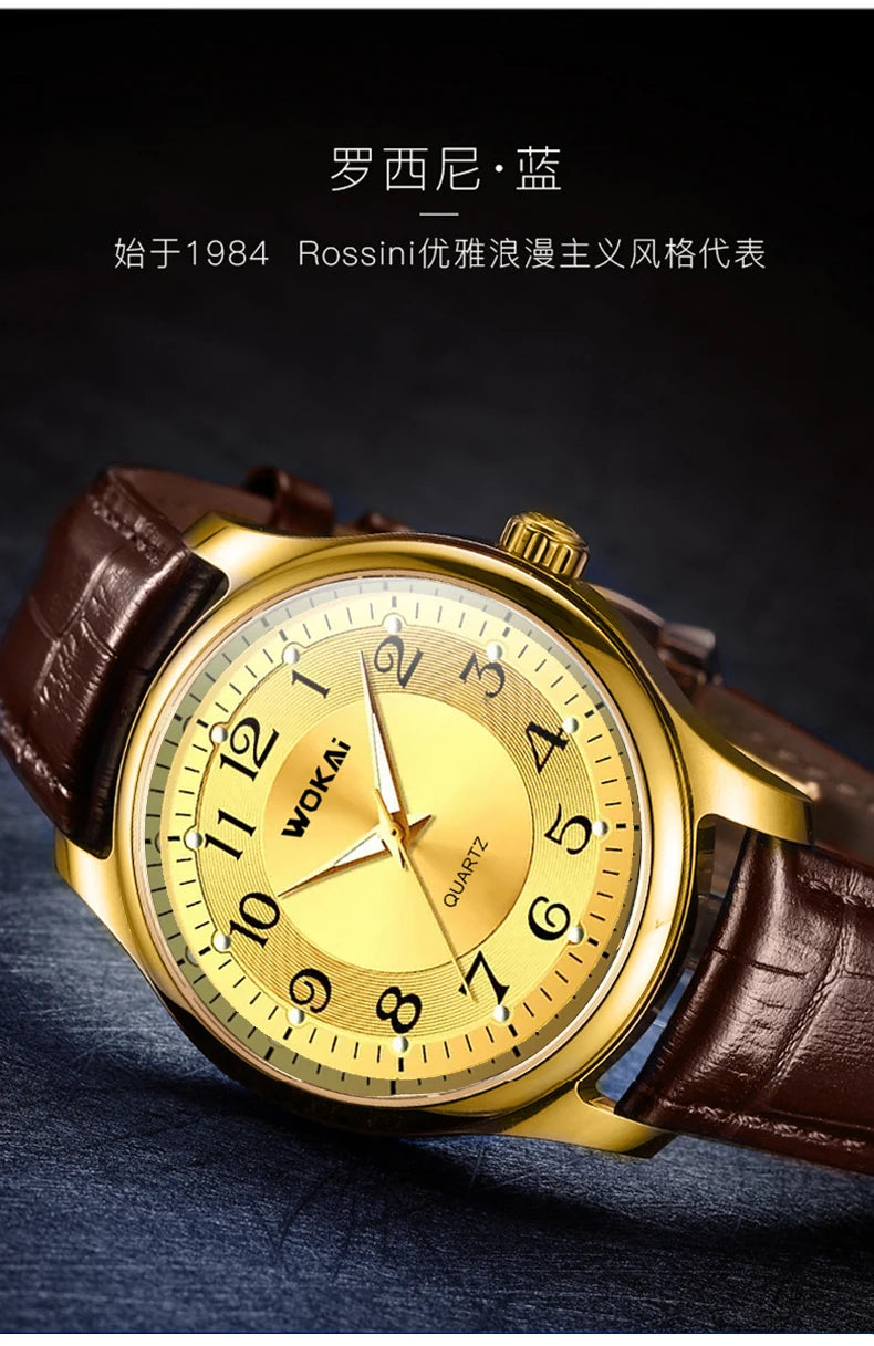 WOKAI high quality fashion casual yellow gold men's leather belt quartz watch men's business sports digital clock retro