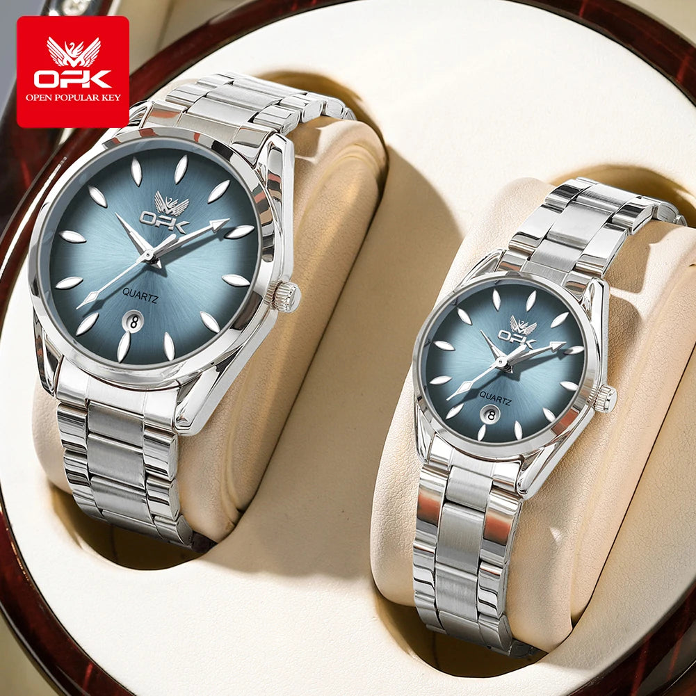 OPK 6038 Couple Watches Stainless steel Belt Deep Waterproof Calendar Hand Clock