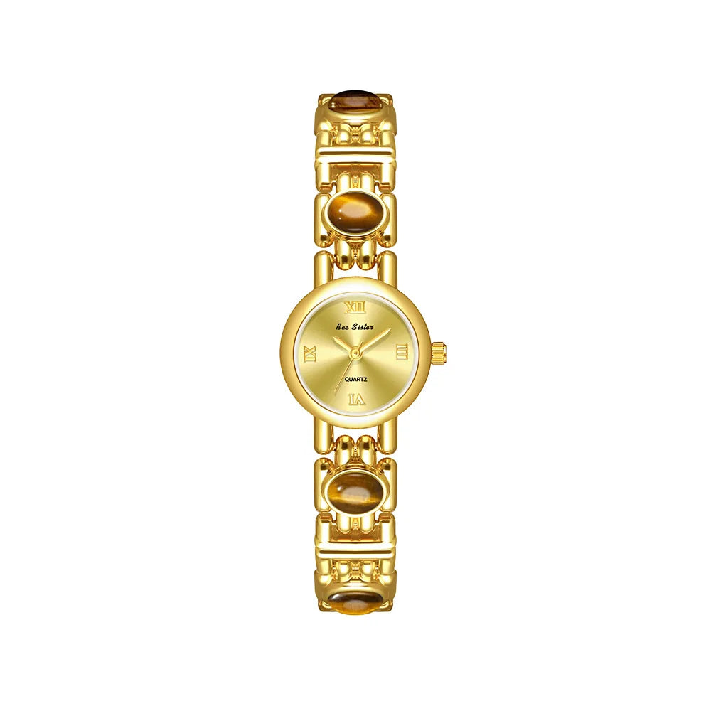 NEW Elegant Retro Watch Women Natural Brown Gemstone Jade Waterproof Round Dial Quartz Watch Female Bracelet Accessories Gift