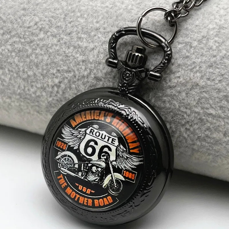 The Mother Road Route 66 Pocket Watch Cool Black Motorbike Clock Elegant Exquisite Pendant With Necklace Chain Relogio Best Gift