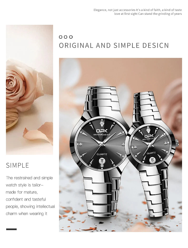 OPK 8105 Couple Watch Classic Fashion Waterproof Glow Quartz watch Band Luxury Date Week Men's and Women's Couple Watches