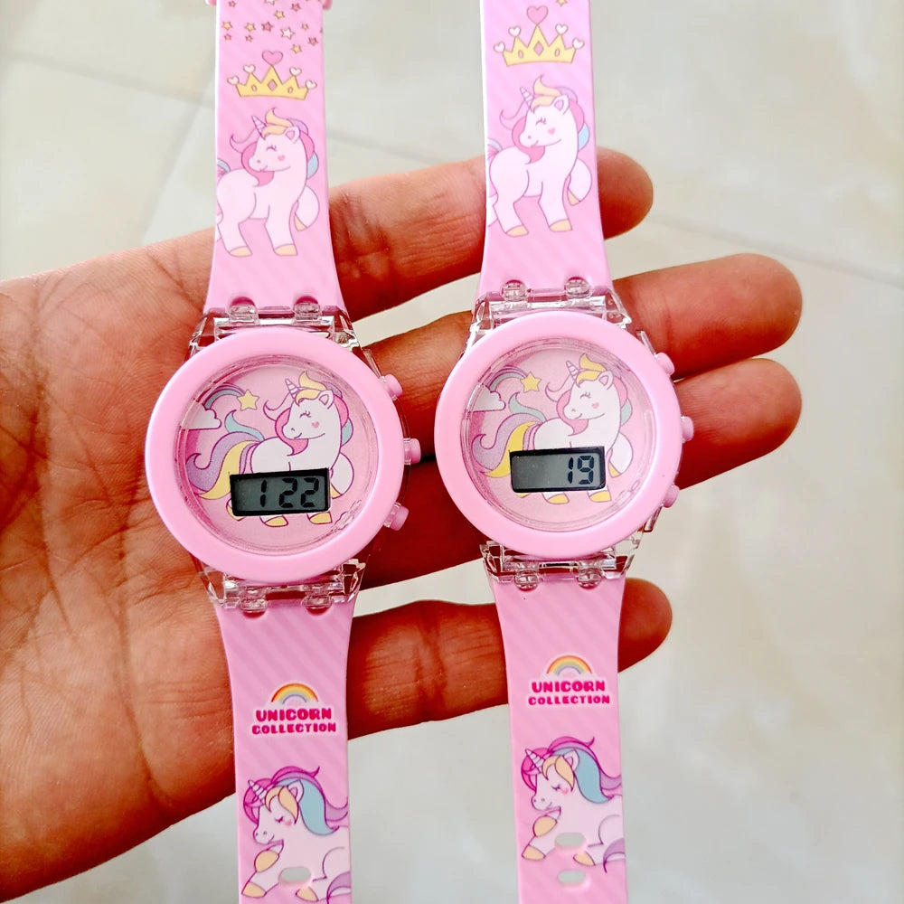 Cartoon Unicorn Collection Rainbow Printed Rubber Girls Kids Children Students Digital Flash Light Glow Up Party Gifts Watches