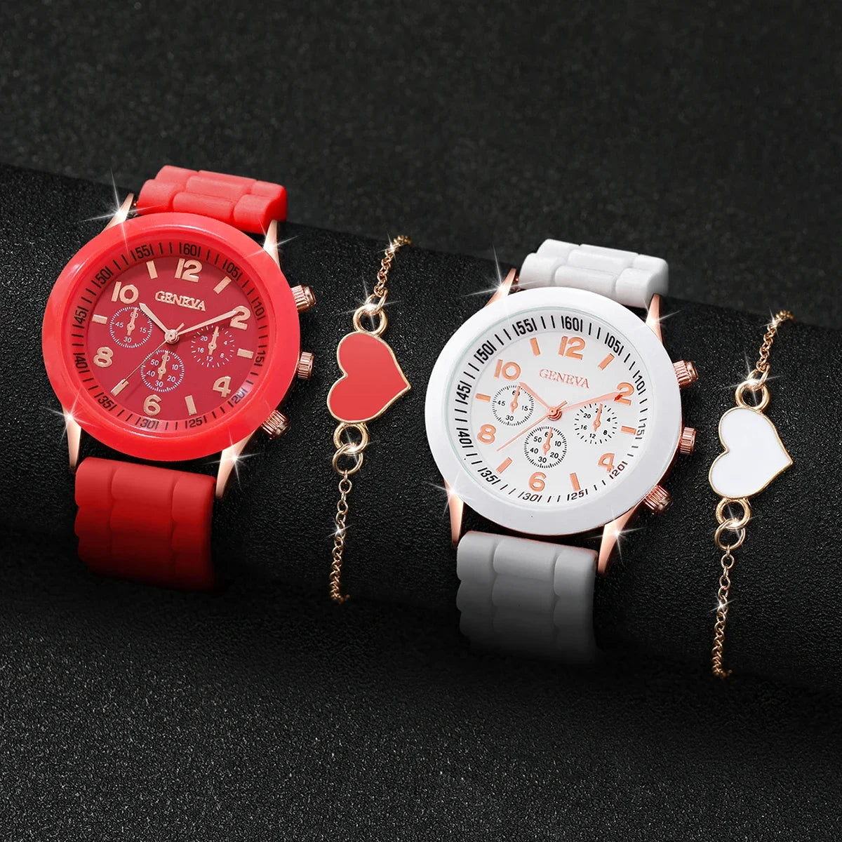 4PCS/Set Couple's Watches Fashion Silicone Band Women Quartz Watch Heart Bracelet Set（Without Box）