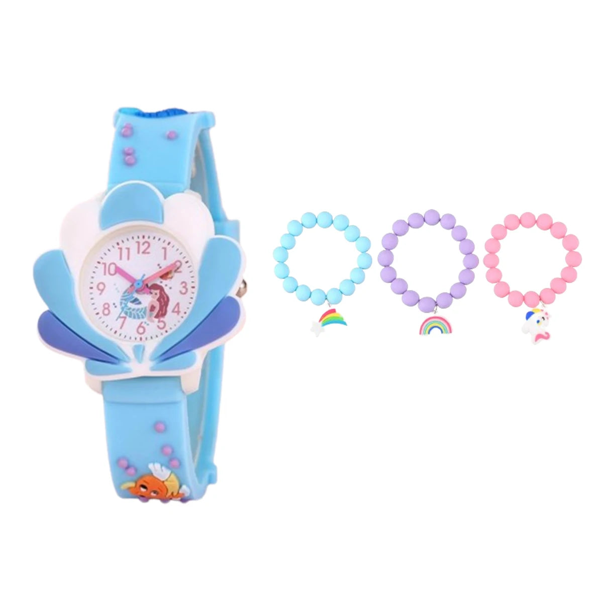 1/2/4pcs-Mermaid 3D Cartoon Shell Watch - Enchanting Colorful Design for Christmas Gifts, Watches, and Bracelets Set for Girls